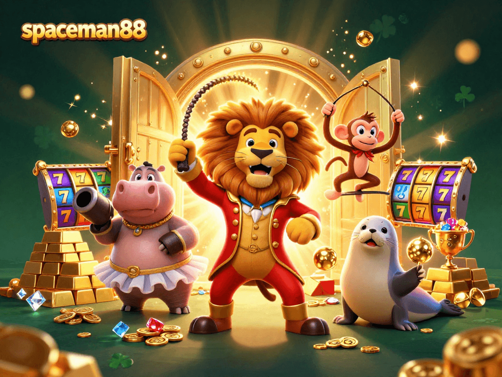 Spin to win with spaceman88 as a lion ringmaster leads the casino adventure amid golden treasures and slot reels.