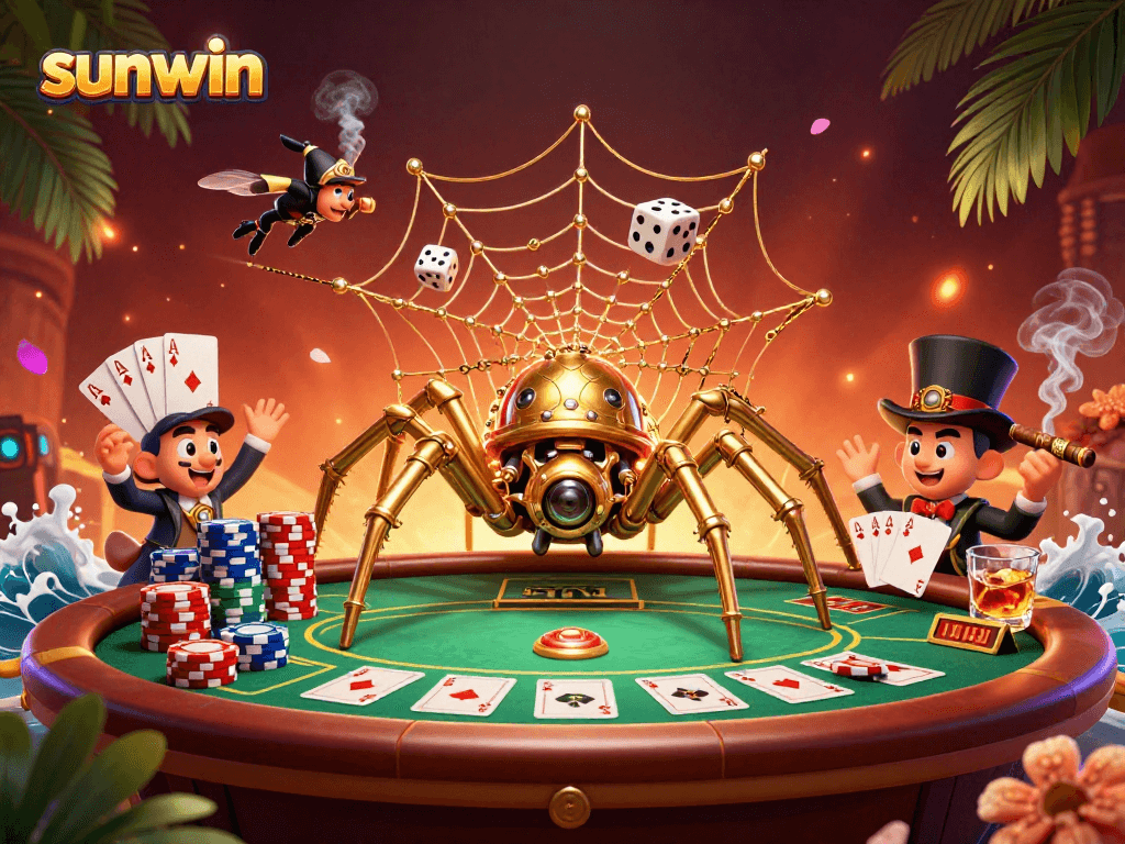 Catch the excitement of sunwin as the golden spider ensnares dice in a vibrant casino-themed web.
