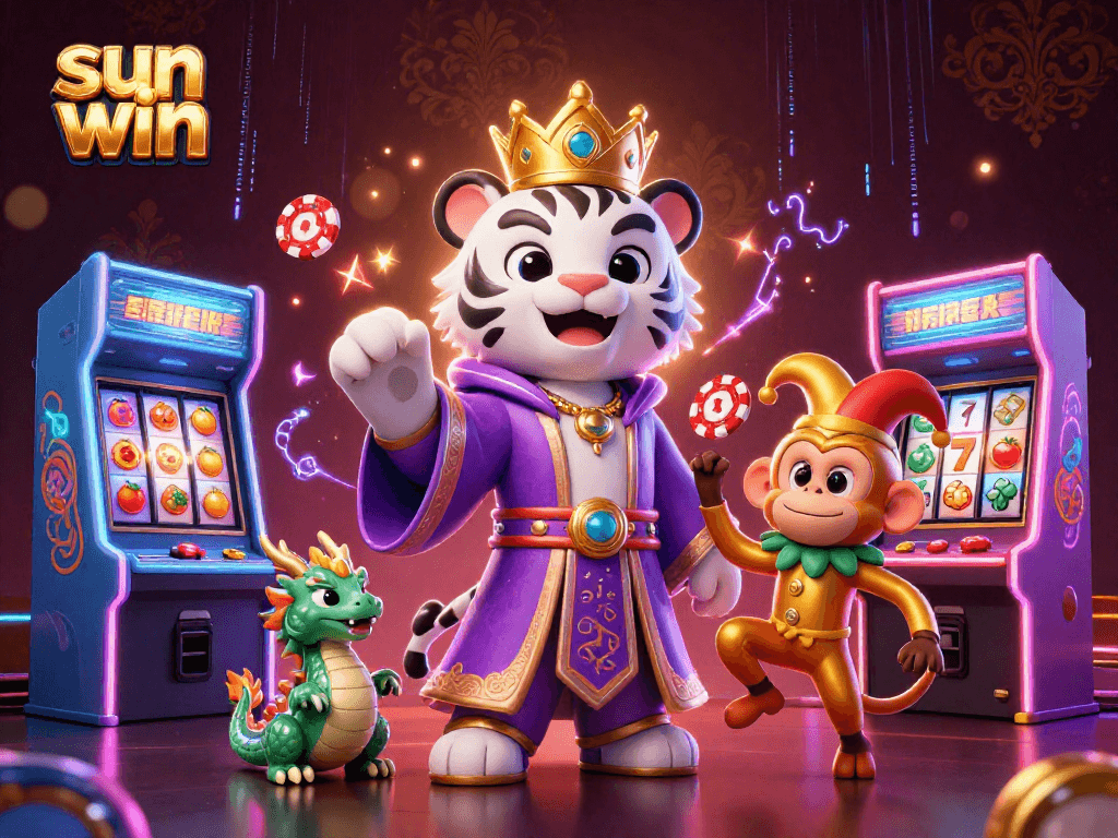Experience the thrill of sun win with vibrant 3D characters enjoying casino slots and games.