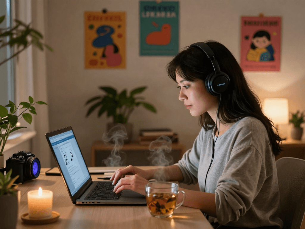 AI porn chat session in a cozy home office setting with relaxed vibes.