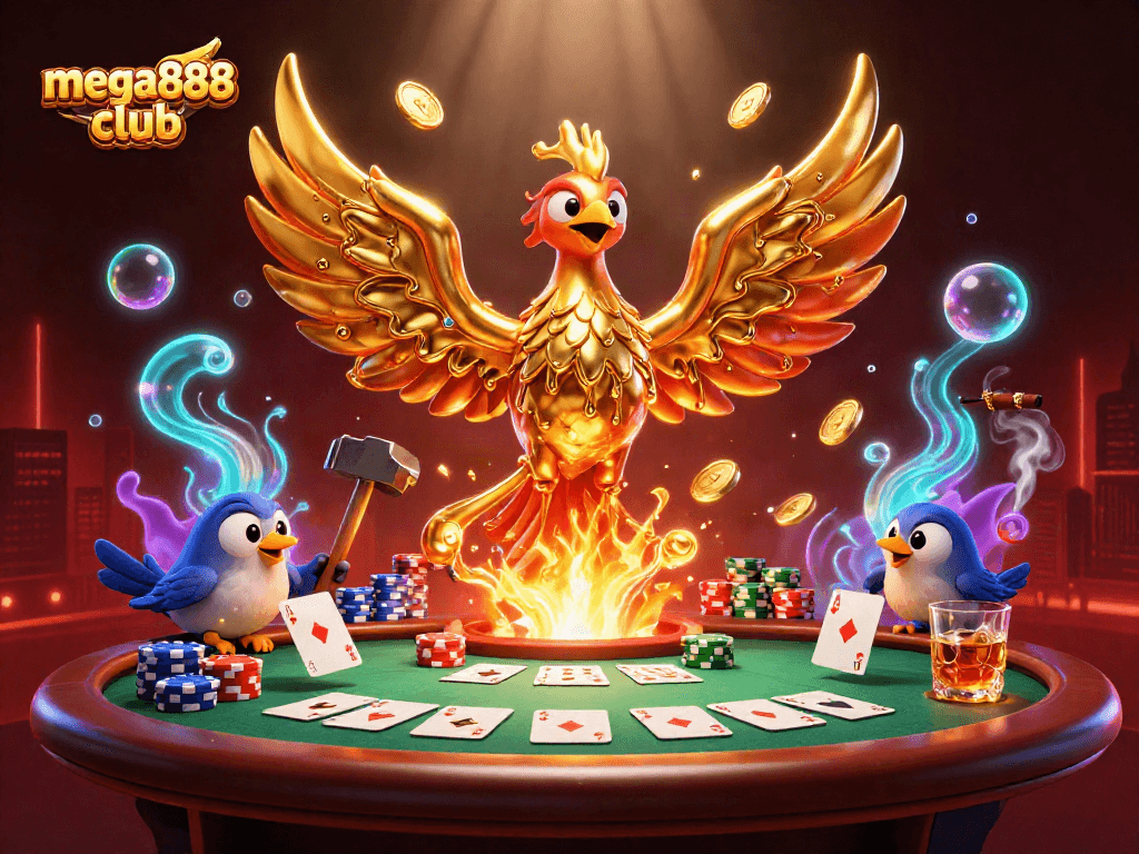Engage with mega888 club's dynamic poker scene featuring a golden phoenix and colorful chips.