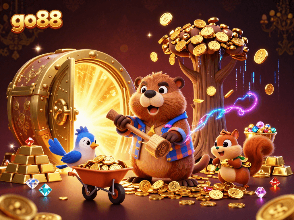 Engage with go88's vibrant jackpot scene featuring a beaver character collecting golden coins.