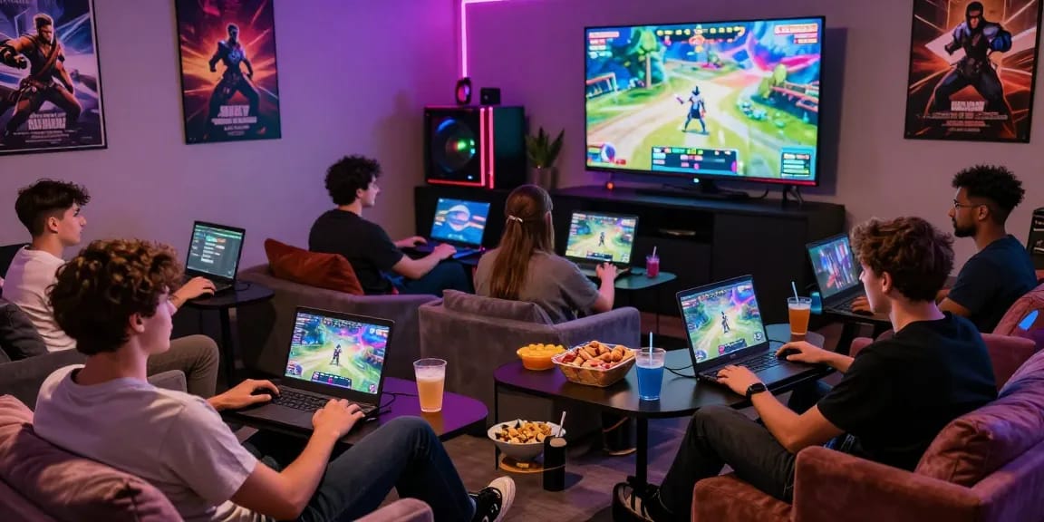 Gamers playing real porn games in a vibrant gaming lounge.