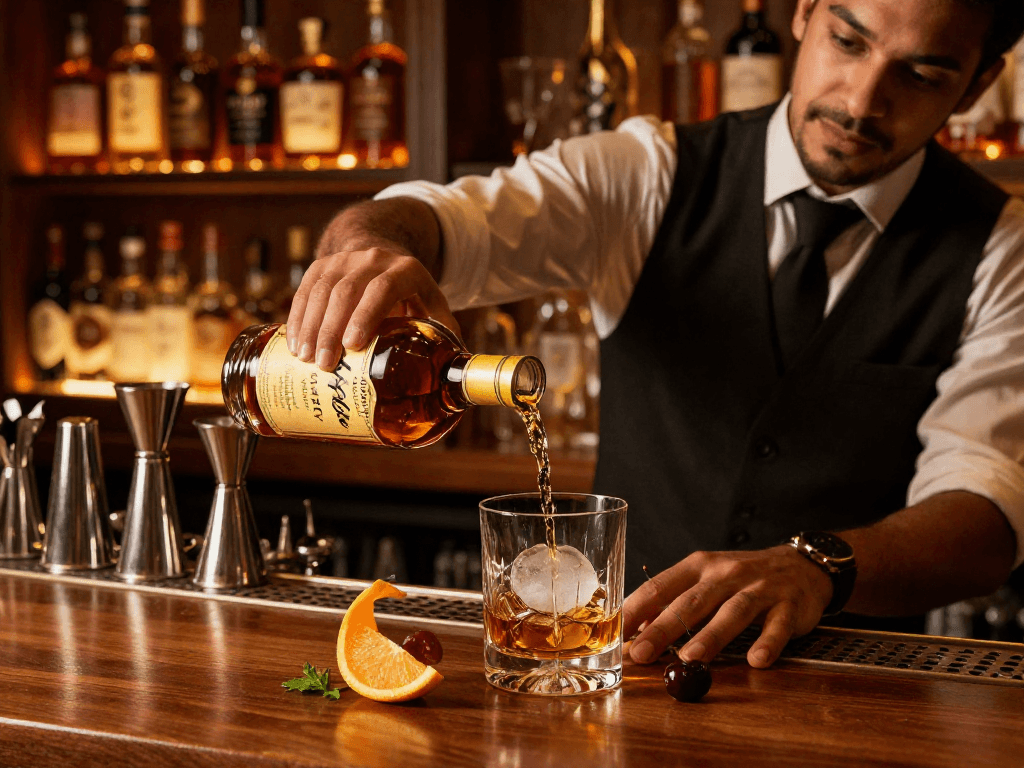 Weller CYPB Bourbon being poured into a glass at a stylish home bar with ambient lighting.