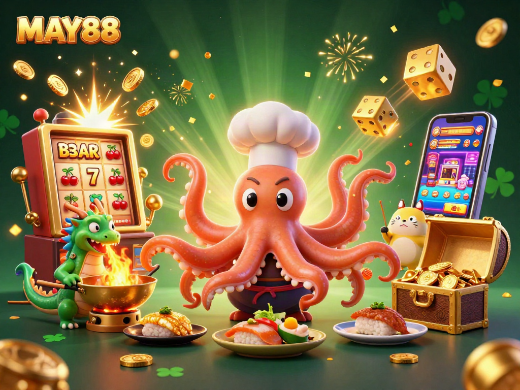 MAY88 attracts players with vibrant casino energy amidst cartoon characters and dynamic gaming symbols.