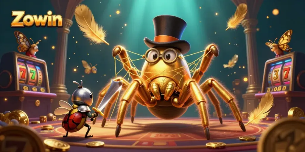 Zowin gaming scene featuring a golden tarantula and knight in a rich casino environment.