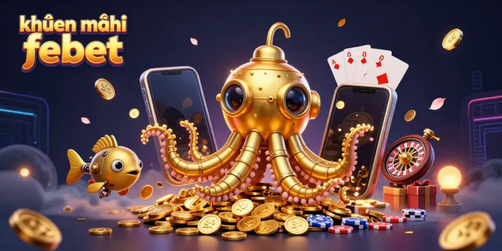 Experience the exciting khuyến mãi febet through a vibrant 3D casino scene with animated characters and gaming elements.