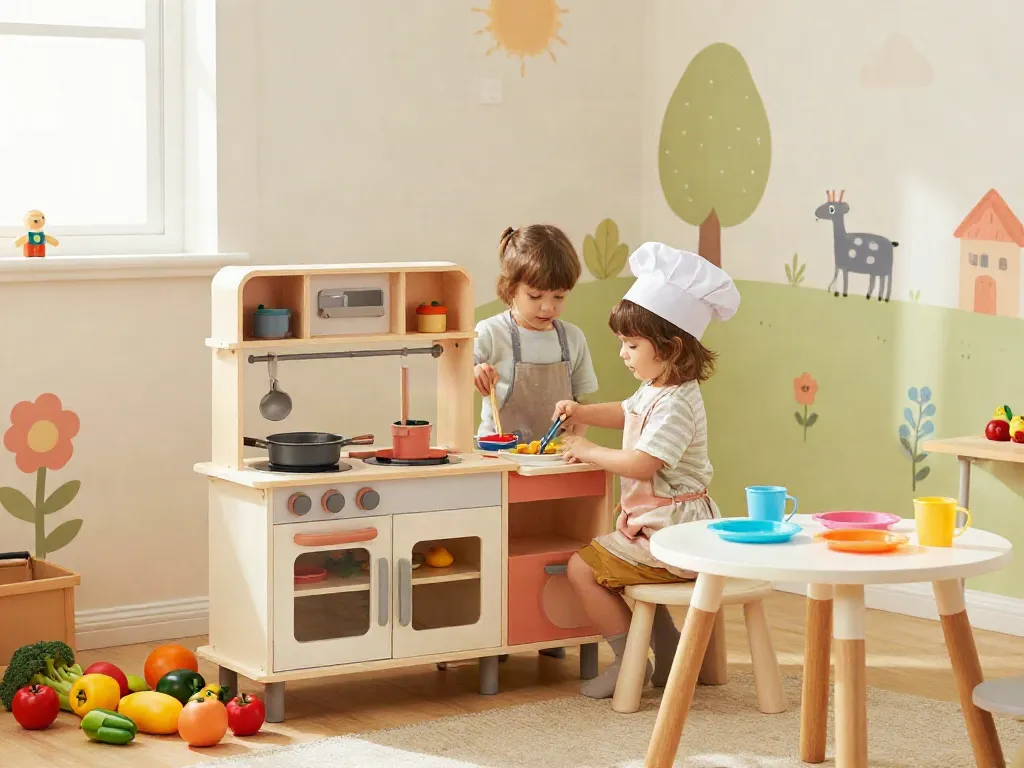 Toy kitchen set with children playing, fostering imagination and creativity.