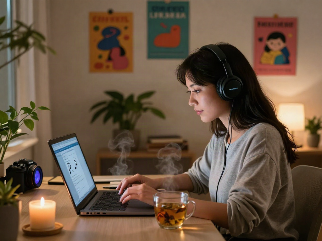 AI porn chat session in a cozy home office setting with relaxed vibes.