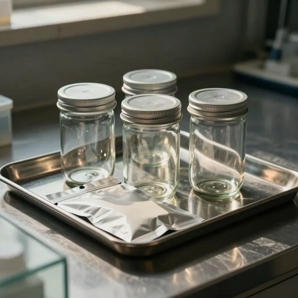 Borosilicate sample jars and foil pouches on a brushed steel tray in dramatic lab light