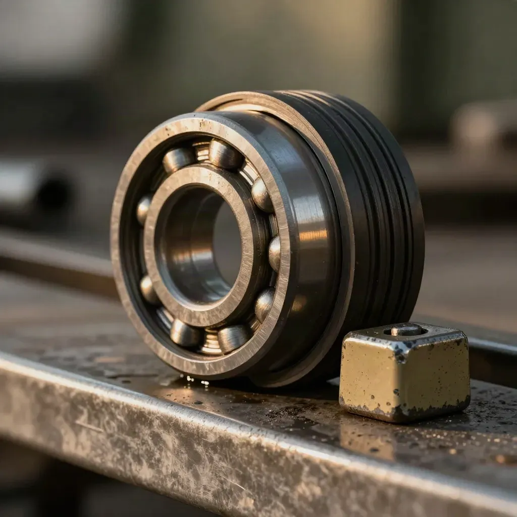 Macro still life of a bearing, idler wheel, and safety marker block on metal