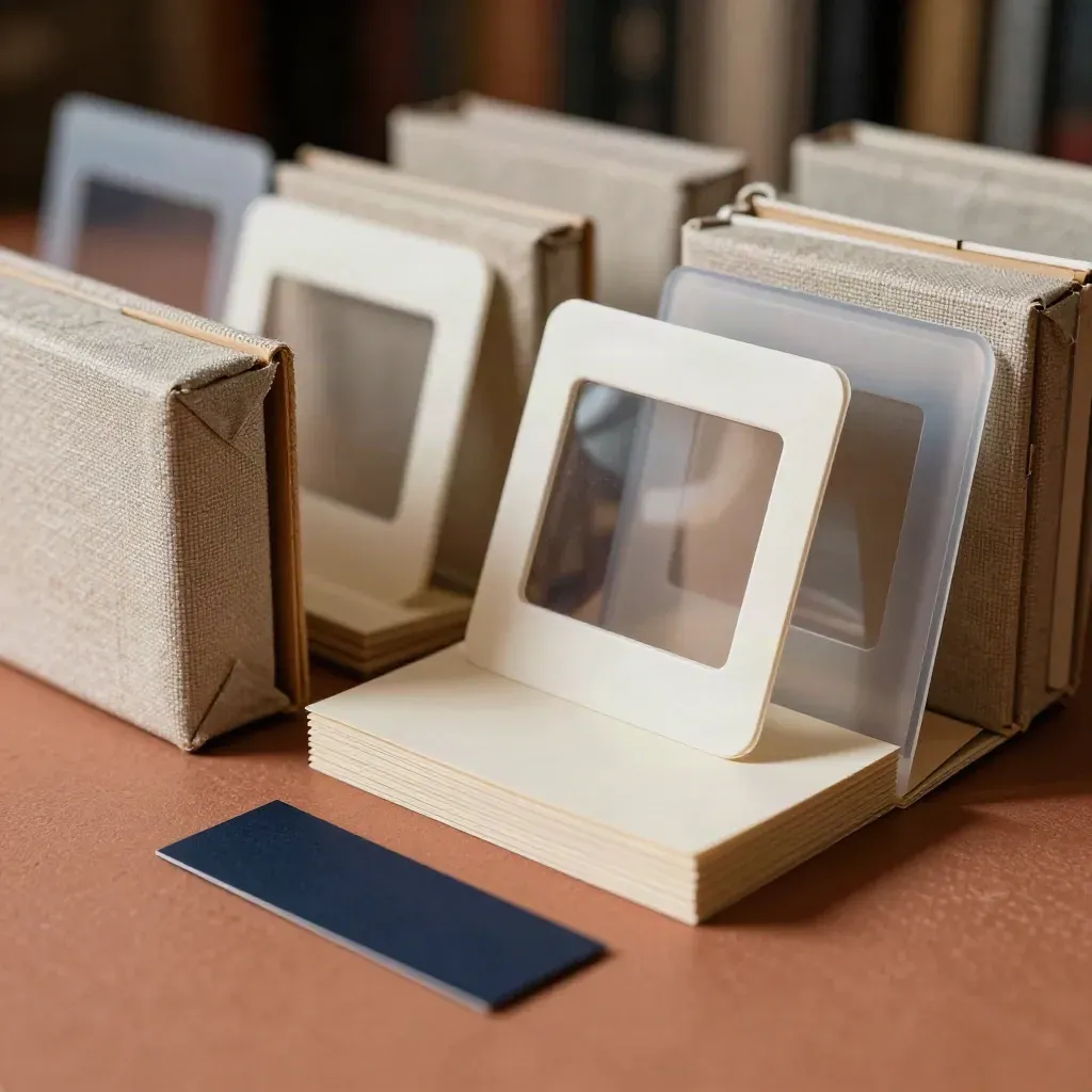 Archival sample boxes, slide sleeves and blank cards on terracotta under soft light.