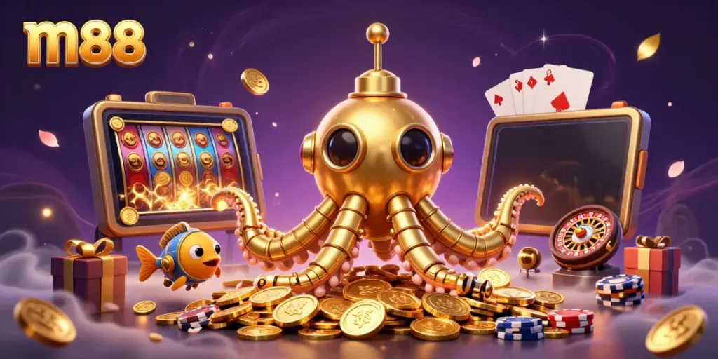 Experience m88's vibrant 3D casino world with a golden kraken and mechanical fish amidst dynamic gaming elements