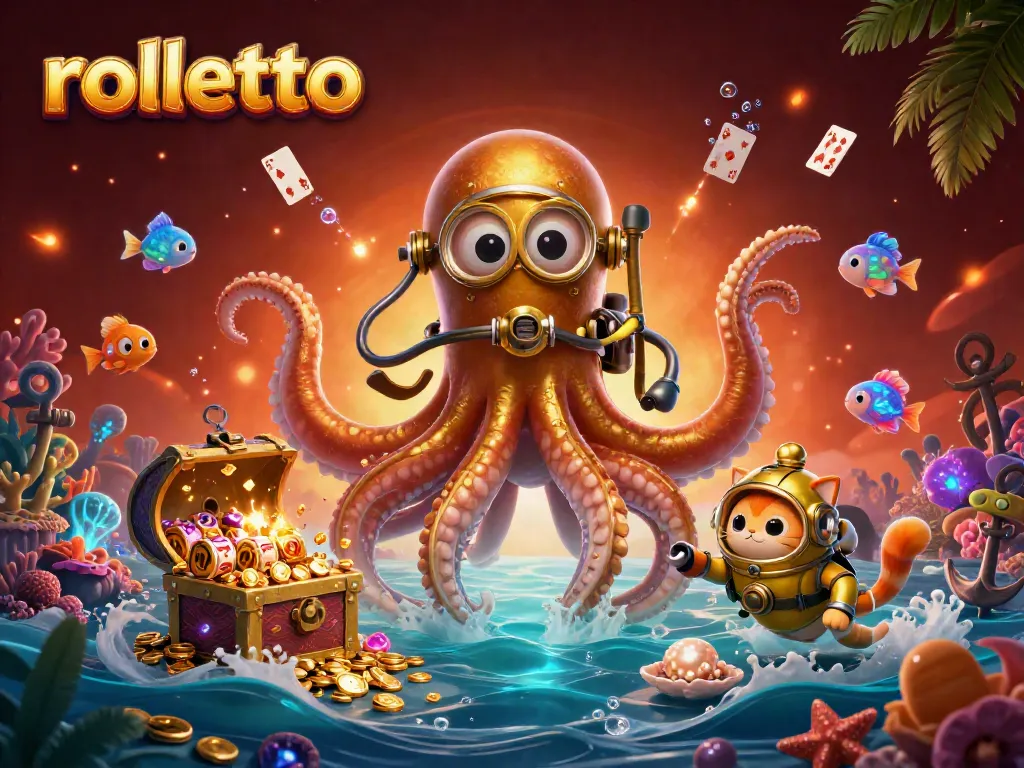Experience rolletto with a vibrant illustration featuring a kraken, diving cat, and thrilling casino elements.