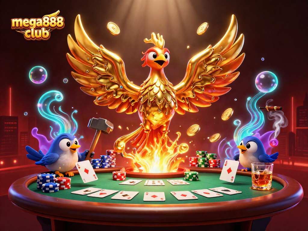Engage with mega888 club's dynamic poker scene featuring a golden phoenix and colorful chips.