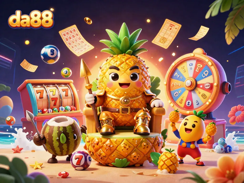 Experience the excitement of da88 with our vibrant 3D casino illustration featuring a golden pineapple king.