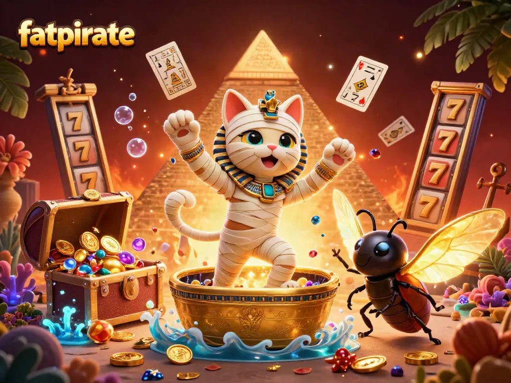 Experience layered gameplay as fatpirate takes you through a vibrant 3D casino scene filled with treasures.