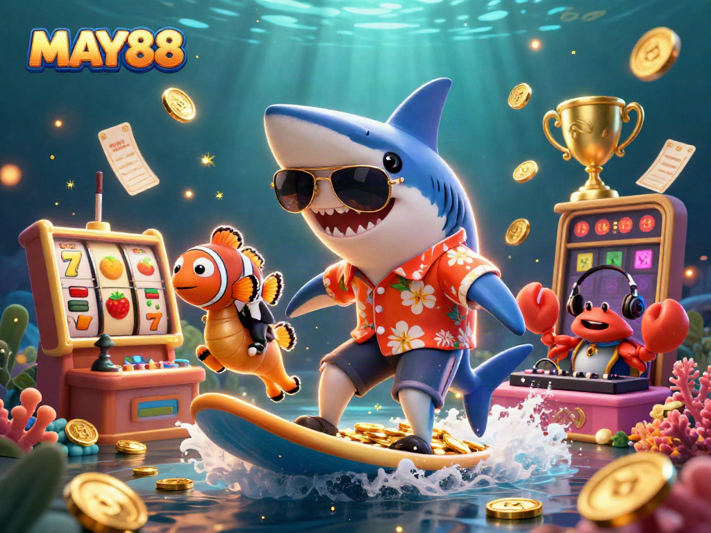 MAY88 captures the fun of online slots with a lively 3D scene featuring a shark, clownfish, and crab amidst vibrant casino elements.