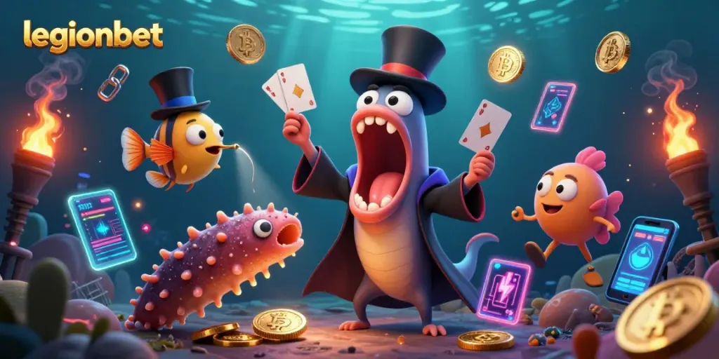 Experience excitement at legionbet with a captivating underwater magic show featuring neon-lit crypto elements.