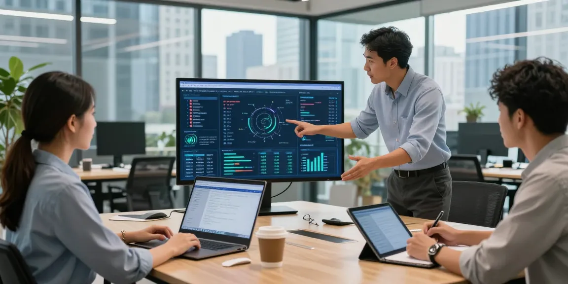AI assistant collaboration in a modern workspace with diverse professionals using tech.