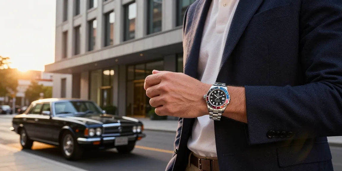 Stylish man displaying Rolex super clone watches in a luxury urban setting, showcasing exquisite details and sophistication.
