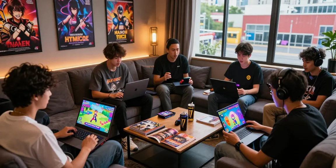 Players enjoying interactive HTML ecchi games in a vibrant lounge with colorful graphics.