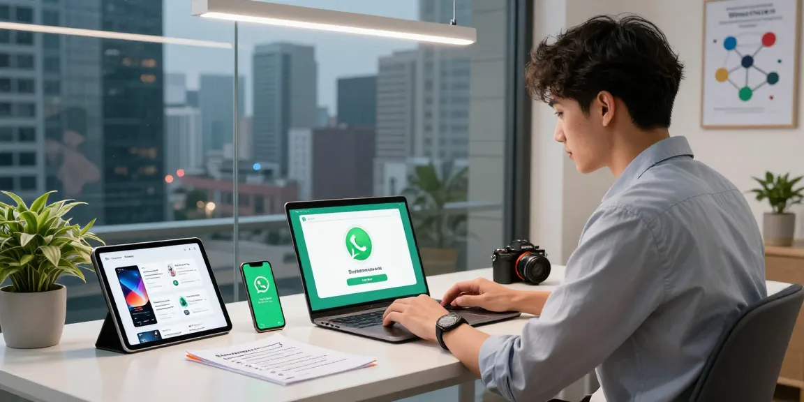 Effortlessly downloading WhatsApp下載 on a laptop in a modern workspace.