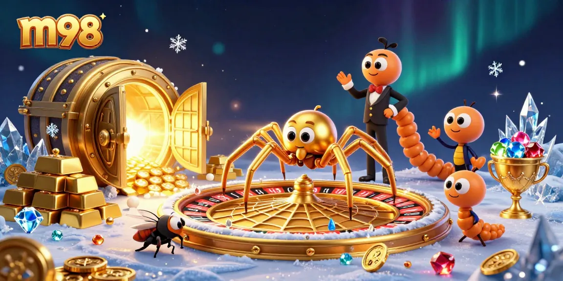 Experience thrilling m98 gameplay as the 3D golden spider spins its roulette web in a vibrant casino scene.