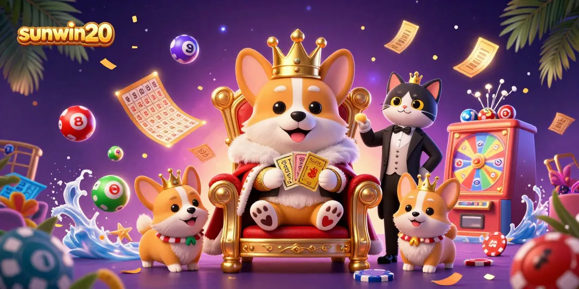 Experience the exciting world of sunwin20 with vibrant lottery balls and a royal corgi in a dynamic casino scene.