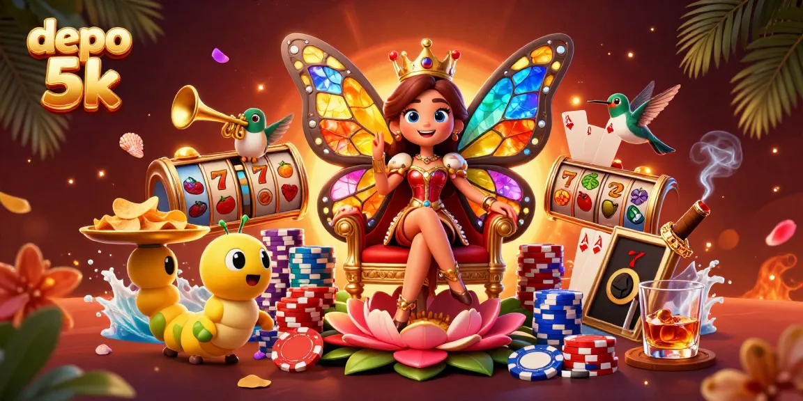 Experience the excitement of depo 5k with vibrant slot reels and winning chips in a colorful 3D scene.